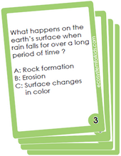 Flash cards on earth processes like erosion, floods, volcanoes etc