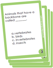 Flash cards on distinguising between vertebrates and invertebtrates.