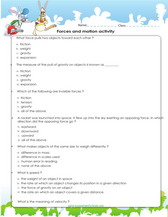 forces, friction, gravity, motion, speed, acceleration worksheet science 4th grade practice.